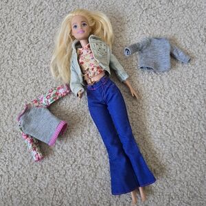 Barbie Lot Blonde Fashion Doll with Floral Top, Denim Jacket & Blue Flare Jeans